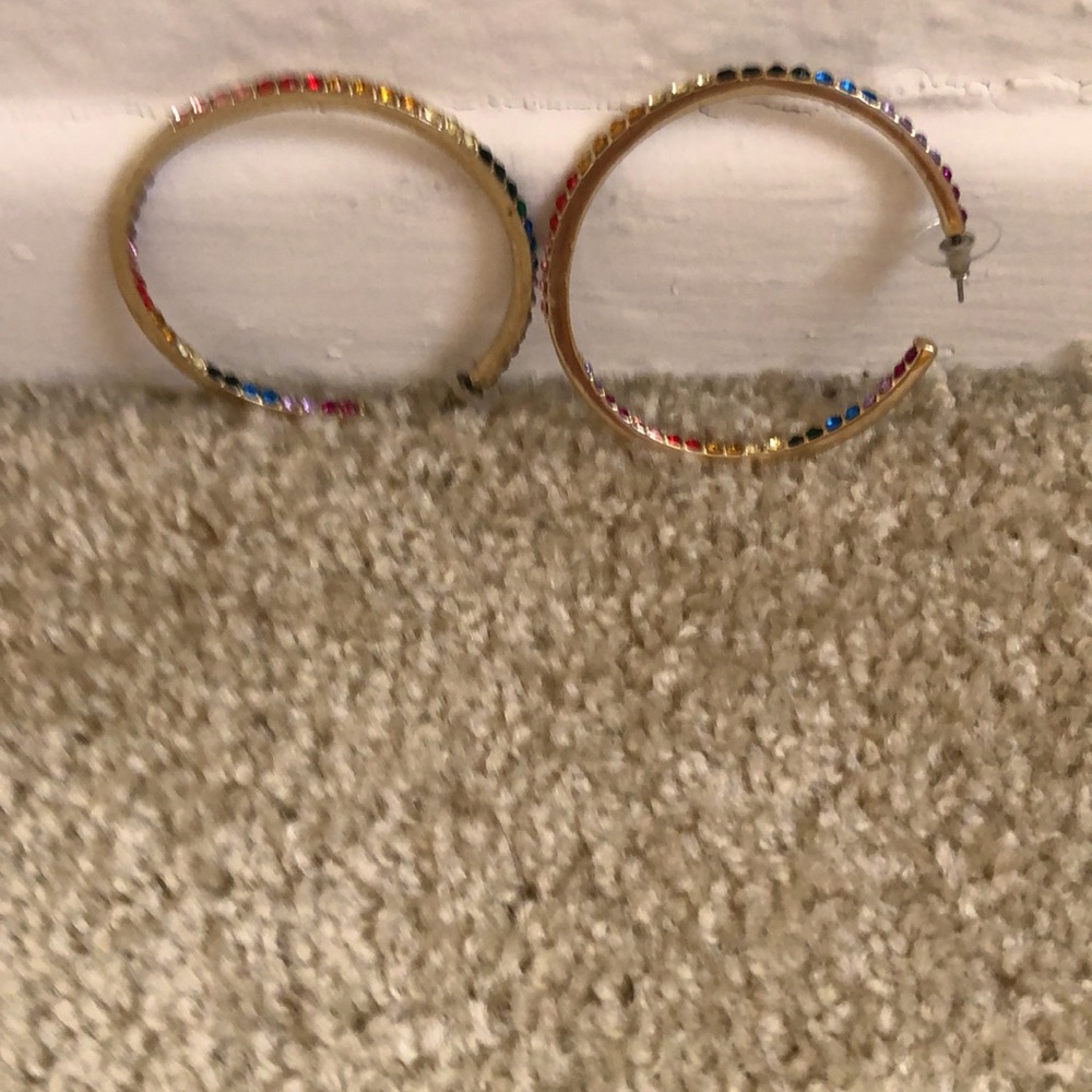 Oversized Very Large Jumbo Hoop Earrings With A Rainbow of Colored Stones NWOT - Picture 5 of 6